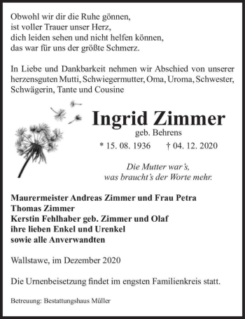 Traueranzeige von Ingrid Zimmer (geb. Behrens)  von Magdeburger Volksstimme