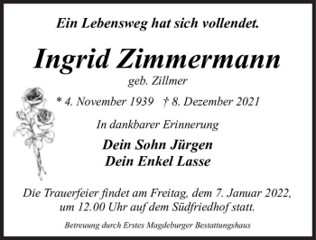 Traueranzeige von Ingrid Zimmermann (geb. Zillmer)  von Magdeburger Volksstimme
