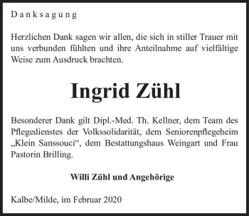 Traueranzeige von Ingrid Zühl  von Magdeburger Volksstimme