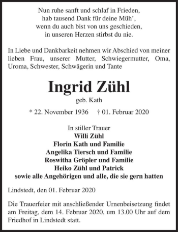 Traueranzeige von Ingrid Zühl (geb. Kath)  von Magdeburger Volksstimme