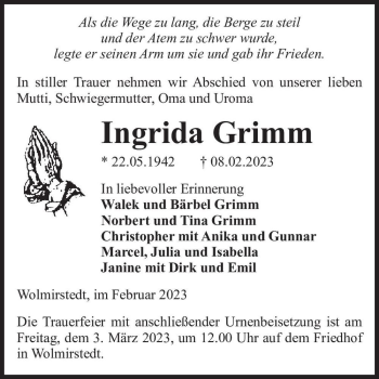 Traueranzeige von Ingrida Grimm  von Magdeburger Volksstimme
