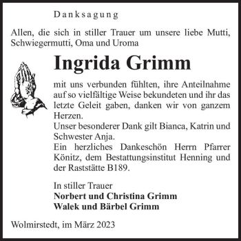 Traueranzeige von Ingrida Grimm  von Magdeburger Volksstimme
