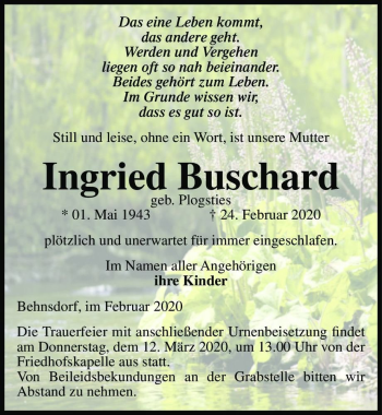 Traueranzeige von Ingried Buschard (geb. Plogsties)  von Magdeburger Volksstimme