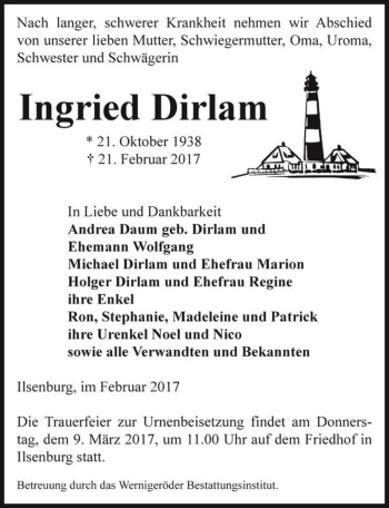 Traueranzeige von Ingried Dirlam  von Magdeburger Volksstimme