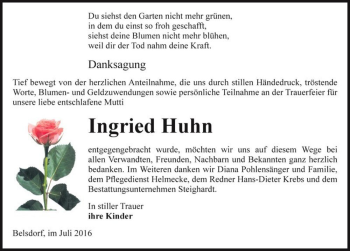 Traueranzeige von Ingried Huhn (geb. Schulz)  von Magdeburger Volksstimme