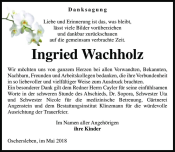 Traueranzeige von Ingried Wachholz (geb. Steinhagen)  von Magdeburger Volksstimme