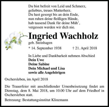 Traueranzeige von Ingried Wachholz (geb. Steinhagen)  von Magdeburger Volksstimme