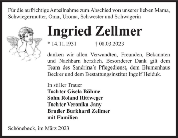 Traueranzeige von Ingried Zellmer  von Magdeburger Volksstimme