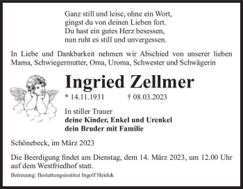 Traueranzeige von Ingried Zellmer  von Magdeburger Volksstimme