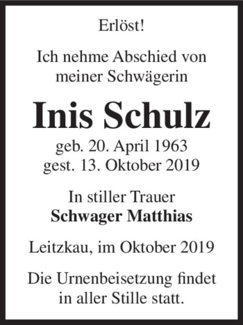 Traueranzeige von Inis Schulz  von Magdeburger Volksstimme