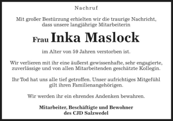 Traueranzeige von Inka Maslock  von Magdeburger Volksstimme