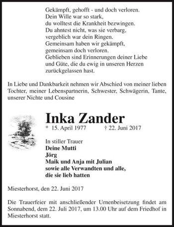 Traueranzeige von Inka Zander  von Magdeburger Volksstimme