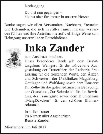 Traueranzeige von Inka Zander  von Magdeburger Volksstimme