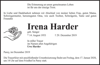 Traueranzeige von Irena Harder (geb. Senger)  von Magdeburger Volksstimme