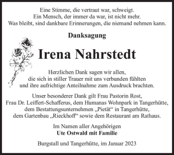 Traueranzeige von Irena Nahrstedt  von Magdeburger Volksstimme