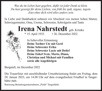 Traueranzeige von Irena Nahrstedt (geb. Krimke)  von Magdeburger Volksstimme