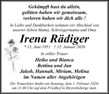 Traueranzeige von Irena Rädiger  von Magdeburger Volksstimme