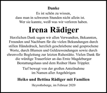 Traueranzeige von Irena Rädiger  von Magdeburger Volksstimme