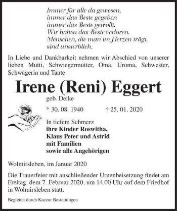 Traueranzeige von Irene (Reni) Eggert (geb. Deike)  von Magdeburger Volksstimme
