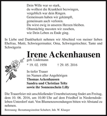Traueranzeige von Irene Ackenhausen (geb. Ackenhausen)  von Magdeburger Volksstimme