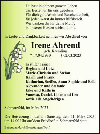 Traueranzeige von Irene Ahrend (geb. Kremling)  von Magdeburger Volksstimme