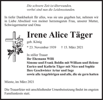 Traueranzeige von Irene Alice Täger (geb. König)  von Magdeburger Volksstimme