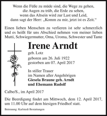 Traueranzeige von Irene Arndt (geb. Lotz)  von Magdeburger Volksstimme
