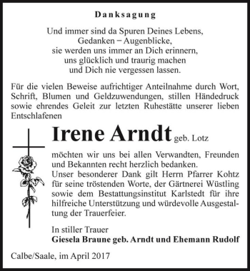 Traueranzeige von Irene Arndt (geb. Lotz)  von Magdeburger Volksstimme