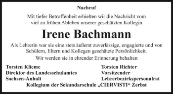 Traueranzeige von Irene Bachmann  von Magdeburger Volksstimme