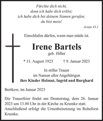 Traueranzeige von Irene Bartels (geb. Hiller)  von Magdeburger Volksstimme
