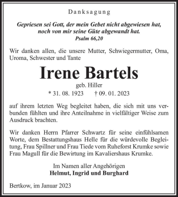 Traueranzeige von Irene Bartels (geb. Hiller)  von Magdeburger Volksstimme