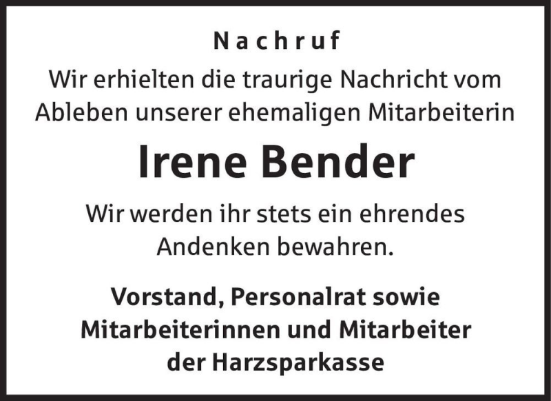  Traueranzeige für Irene Bender  vom 09.01.2021 aus Magdeburger Volksstimme