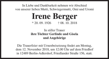 Traueranzeige von Irene Berger  von Magdeburger Volksstimme