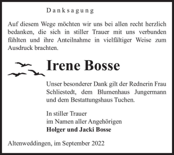 Traueranzeige von Irene Bosse  von Magdeburger Volksstimme