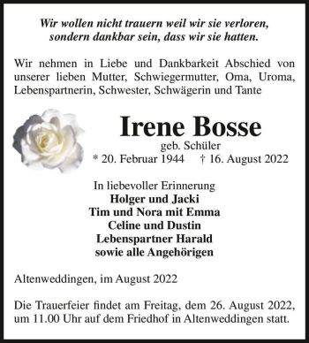 Traueranzeige von Irene Bosse (geb. Schüler)  von Magdeburger Volksstimme