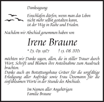 Traueranzeige von Irene Braune  von Magdeburger Volksstimme