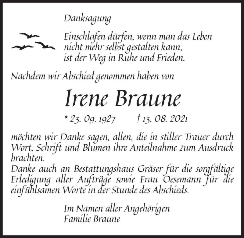  Traueranzeige für Irene Braune  vom 18.09.2021 aus Magdeburger Volksstimme
