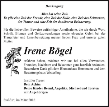 Traueranzeige von Irene Bögel  von Magdeburger Volksstimme