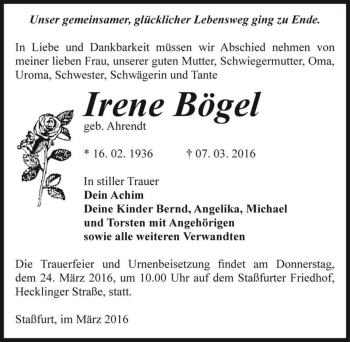 Traueranzeige von Irene Bögel (geb. Ahrendt)  von Magdeburger Volksstimme