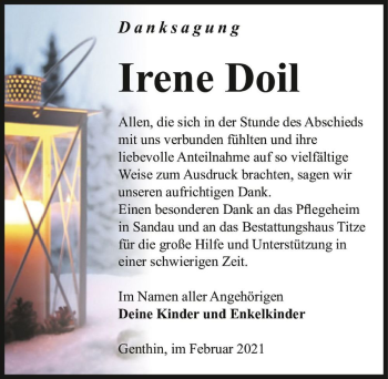 Traueranzeige von Irene Doil  von Magdeburger Volksstimme