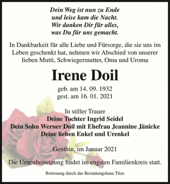 Traueranzeige von Irene Doil  von Magdeburger Volksstimme
