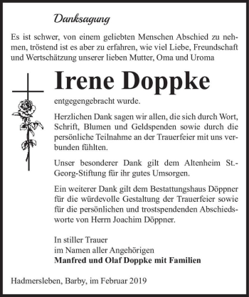 Traueranzeige von Irene Doppke  von Magdeburger Volksstimme