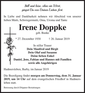Traueranzeige von Irene Doppke (geb. Bunke)  von Magdeburger Volksstimme
