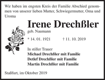 Traueranzeige von Irene Drechßler (geb. Naumann)  von Magdeburger Volksstimme