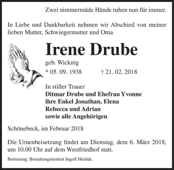 Traueranzeige von Irene Drube (geb. Wicknig)  von Magdeburger Volksstimme