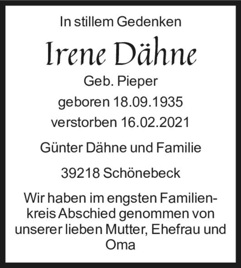  Traueranzeige für Irene Dähne (geb. Pieper)  vom 27.02.2021 aus Magdeburger Volksstimme
