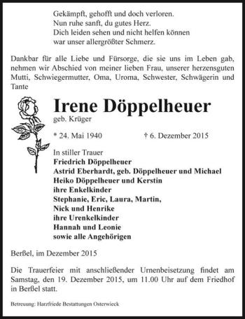 Traueranzeige von Irene Döpelheuer (geb. Krüger)  von Magdeburger Volksstimme