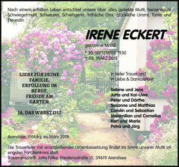 Traueranzeige von Irene Eckert (geb. Miske)  von Magdeburger Volksstimme