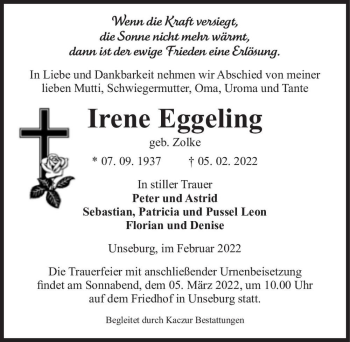 Traueranzeige von Irene Eggeling (geb. Zolke)  von Magdeburger Volksstimme
