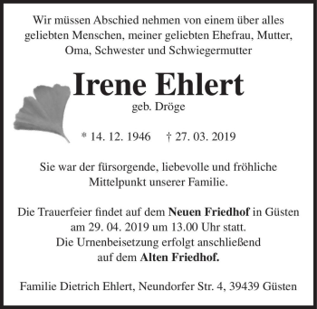Traueranzeige von Irene Ehlert (geb. Dröge)  von Magdeburger Volksstimme